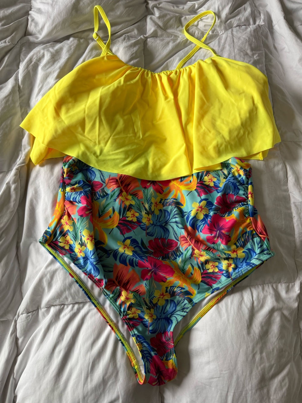 Tropical Floral High-Waist Bikini Bottom with Yellow Cover-Up